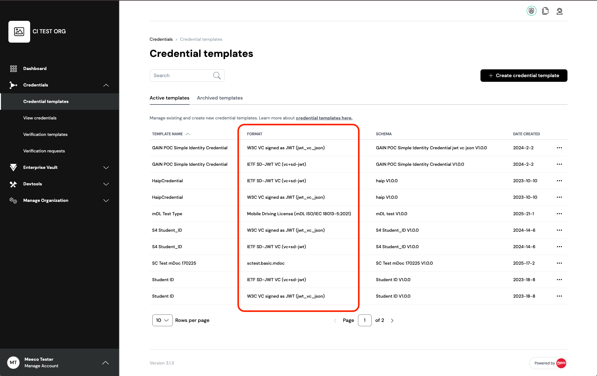 Credential Templates - Show Format names