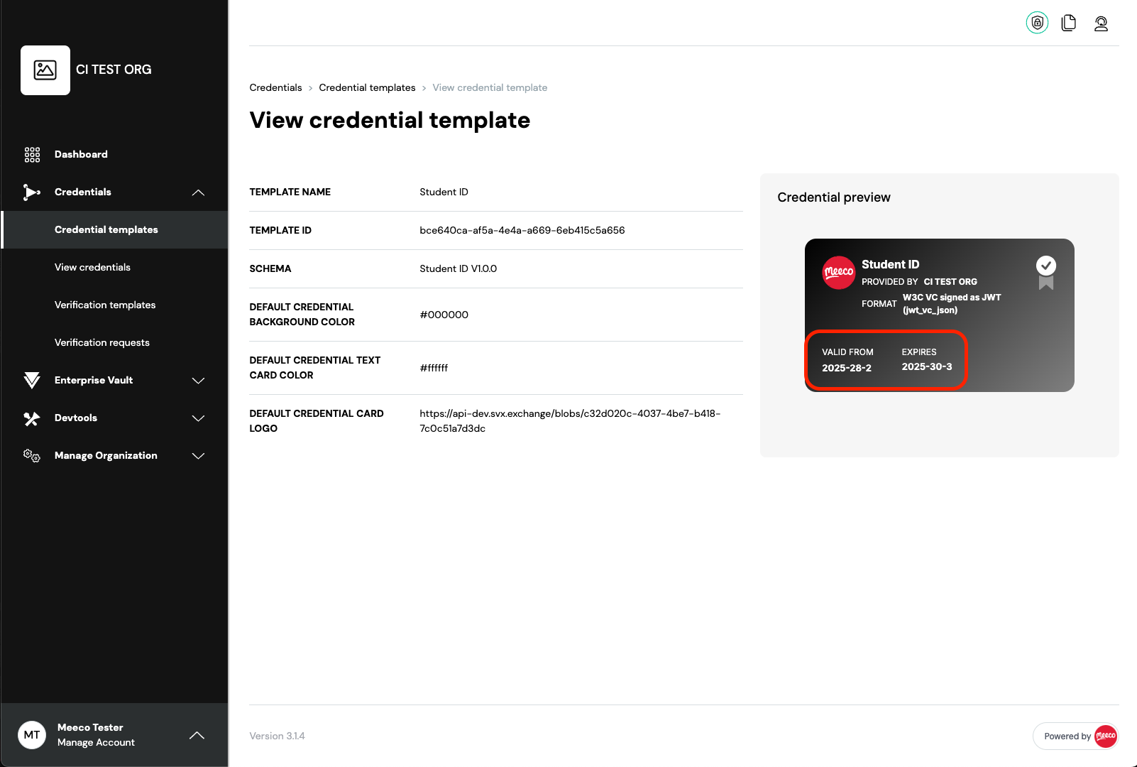 View Credential Template - Valid from/until is shown in the VC image