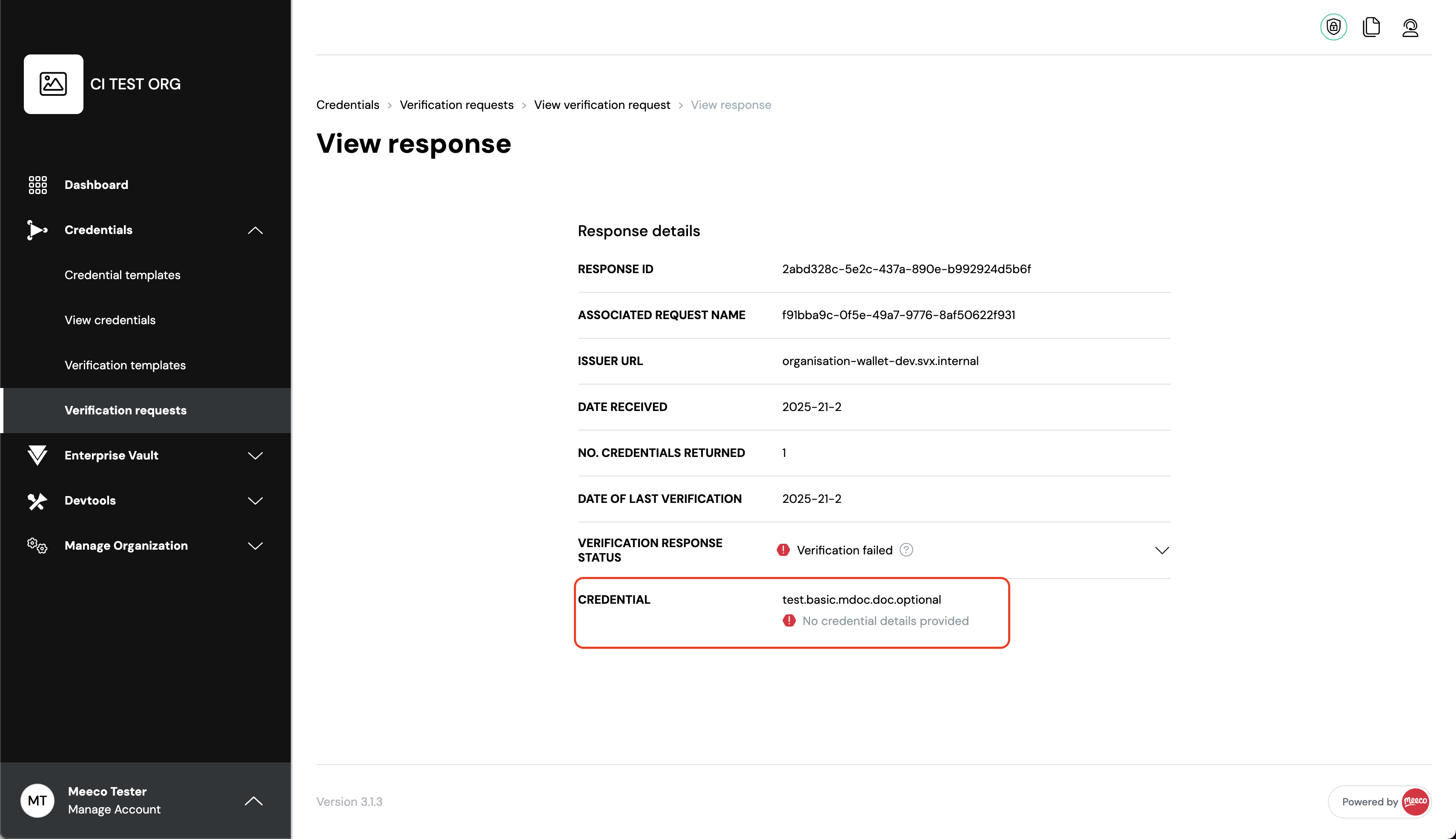 View verification reseponse - Display warning message when there is no credential provided for presentation